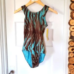 K-Bee Brown and Blue Metallic Hologram Glitter Print Leotard NWT Junior Size M